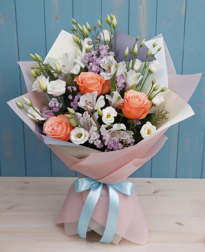 Букет цветов из: Лизиантусы, Розы, Альстромерии и Гипсофила в Черняховске